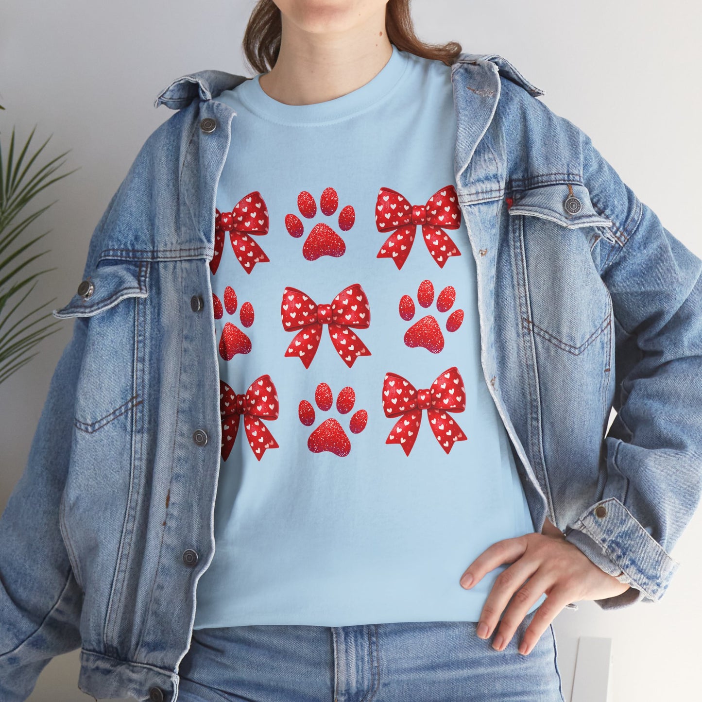 Coquette Bow Cat Dog Paws Valentine's Day, Tee Shirt, Valentine's Day Holiday Gift, Unisex Cotton Shirt, Movie Lovers Apparel, Cozy Family Tee